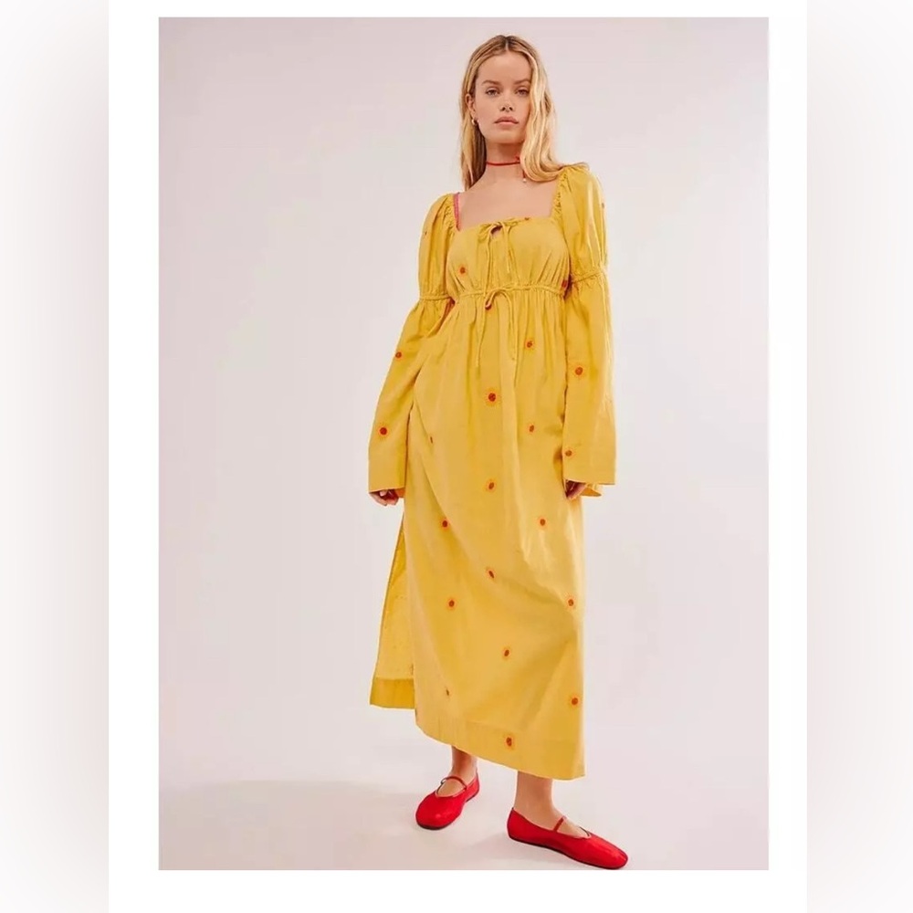 Free People Emory Yellow Embroidered Long Sleeve midi dress size X-small